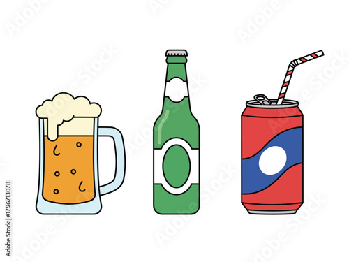 An illustration of three common beverages: a frothy mug of beer, a green glass bottle, and a red soda can with a straw.