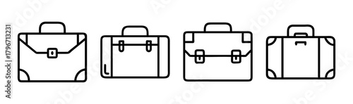 Collection of four simple line art briefcase icons representing business travel and work accessories