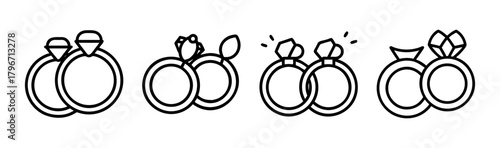 Set of four diamond engagement wedding rings collection minimalist outline style