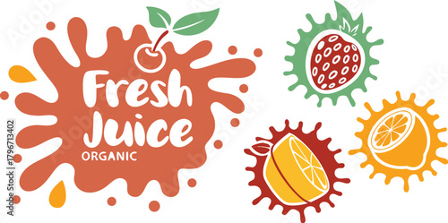 Colorful fruit splashes and a "Fresh Juice Organic" logo design.