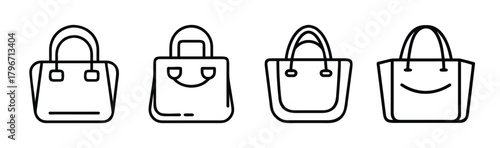 Collection of four hand drawn tote bag line art icons minimalist fashion accessories