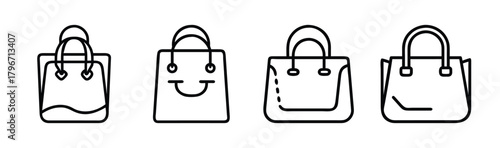 Set of four shopping bag icons with handles and simple designs in line art style