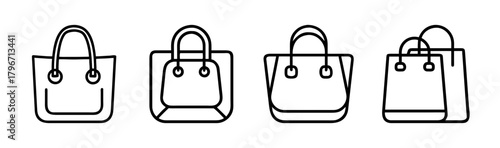 Collection of four fashionable tote bag icons perfect for style and shopping graphics