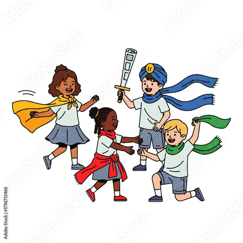 Kids dressed as superheroes celebrate teamwork and victory together.