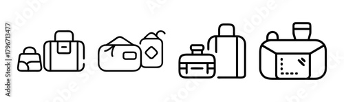 Collection of stylized line art travel pouches and bags for toiletries and essentials