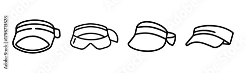 Collection of headwear accessories featuring visors and headbands with simple outline art