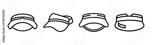 Collection of four different hand-drawn style caps and visors line art icons