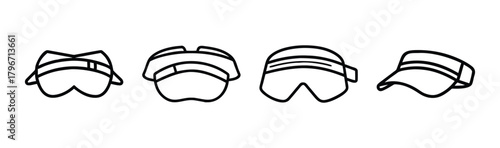 Four types of sports visors and headbands in a row line art