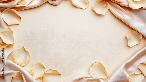 Elegant cream background combining dried petal shadows and glowing ring reflection in balanced tone