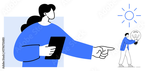 Woman with tablet gestures to a man holding a light bulb under a glowing sun. Ideal for creativity, teamwork, collaboration, leadership, guidance, innovation, education. Simple flat metaphor