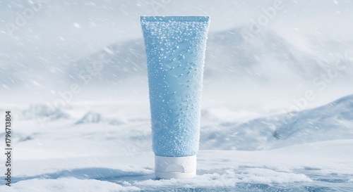 Frosted blue cosmetic tube standing in a snowy winter landscape during a blizzard.