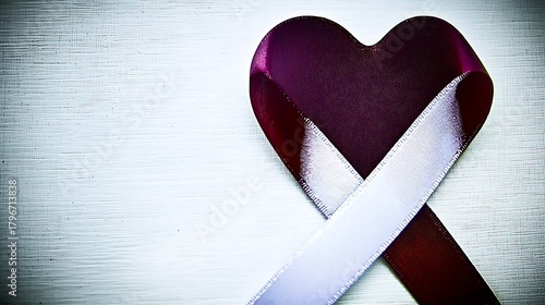 Elegant red ribbon on white background with gentle heart shadow effect under ambient light