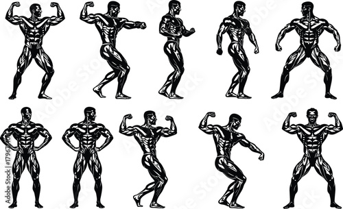 Muscular bodybuilder silhouettes, male fitness poses flexing muscles, strength training physique, powerful athletic men, black and white vector illustration set for gym themes.