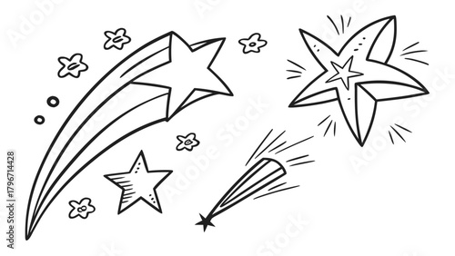 Hand drawn doodle set of stars, shooting star, and sparkle elements on white