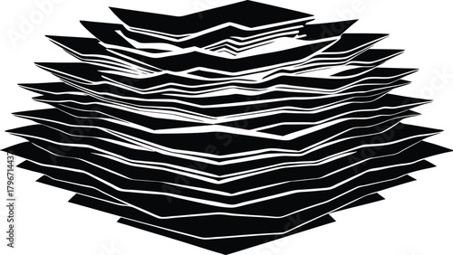 Abstract black and white layered geometric shapes with dynamic wavy line pattern art