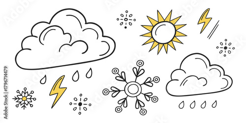 Doodle weather icons set featuring sun, clouds, rain, lightning, snowflakes