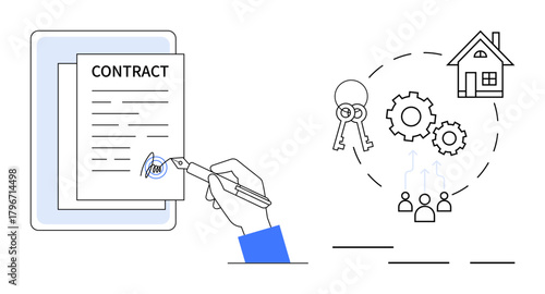 Hand signing contract with pen beside symbols of keys, house, gear icons, and people. Ideal for property agreement, teamwork, collaboration, real estate transaction, business contract legal process