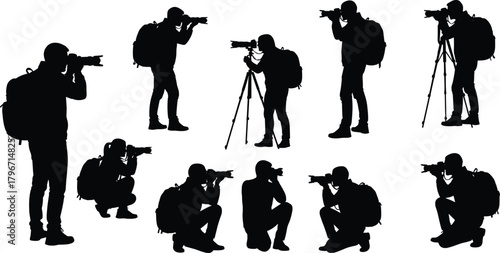 Professional photographer silhouettes, camera in action, tripod setup, backpack gear, kneeling and standing poses, outdoor shooting, black and white vector illustration set.