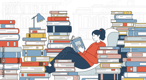 Quiet young woman deeply engrossed in reading a book, surrounded by vast, towering stacks of literature, creating a serene and intellectual atmosphere of knowledge and study