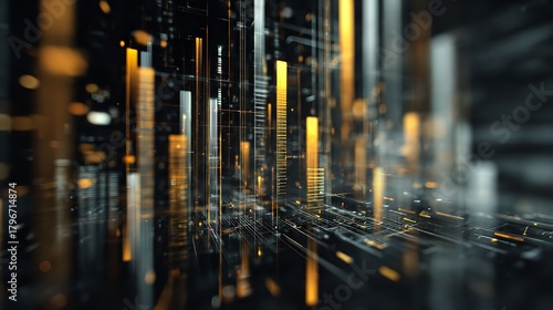 Abstract futuristic cityscape with glowing yellow and white lights, representing data, technology, and urban development in a digital world