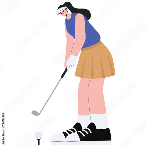 Golf Club Illustration. Vector illustration of Female golfer addressing the ball before a precise shot. Isolated on background
