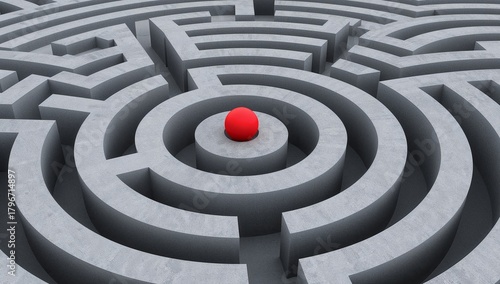 Fototapeta Naklejka Na Ścianę i Meble -  Circular Maze, Red Sphere, and Gray Texture. A Visual Puzzle of Depth and Confinement.