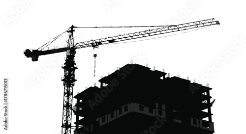 A stark silhouette of a construction crane towering over a building under construction against a bright white sky, creating a strong contrast, and minimalist aesthetic.