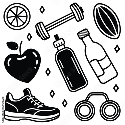 Fitness and health doodle set with exercise equipment, healthy food, drink