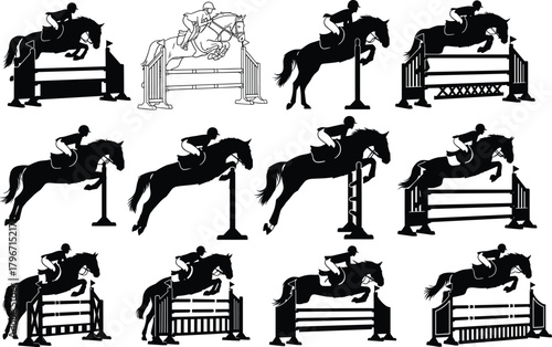 Flat vector silhouette of horse and rider show jumping over obstacles, dynamic equestrian poses, competition, athletic motion, sport illustration set