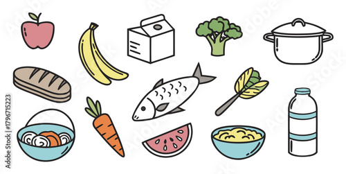 Healthy food groceries and cooking supplies doodle vector illustration set