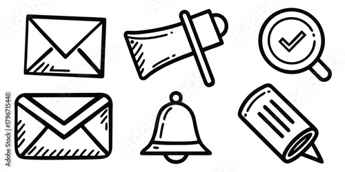 Hand drawn doodle style icon set for communication, notification, and task