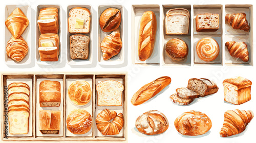 Artisan bread collection with baguettes, loaves, croissants and sliced breads in boxes. Warm watercolor bakery set perfect for menus, branding, packaging and cafe decor.