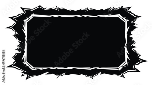 Abstract stark black frame with jagged sharp edges and rough distressed border design.