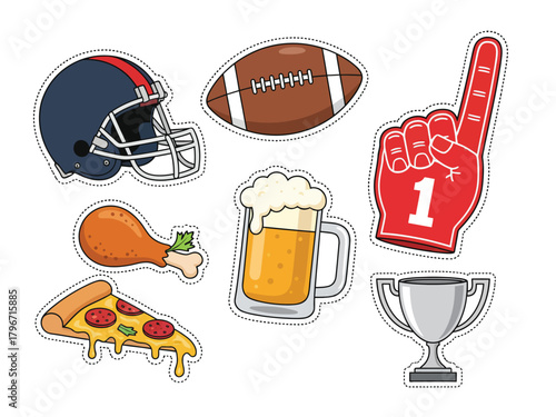 A collection of American football themed stickers including a helmet, ball, food, and fan gear.