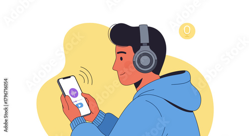 Smiling young man with headphones enjoying a personal digital audio experience, streaming music or a podcast from his smartphone