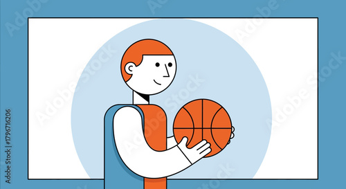 Simple line art illustration of a young athlete in a jersey holding a basketball with a smile, ready for a game