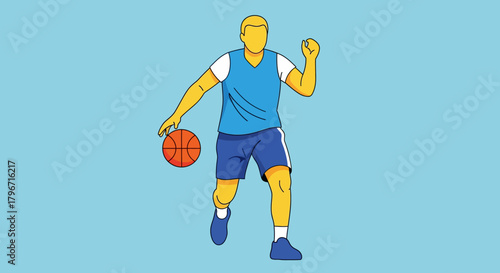 Vector Illustration of a Basketball Player Dribbling a Ball on Blue Background