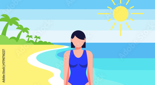 Woman in Swimsuit Enjoying a Sunny Day at the Beach with Ocean and Palm Trees in Background