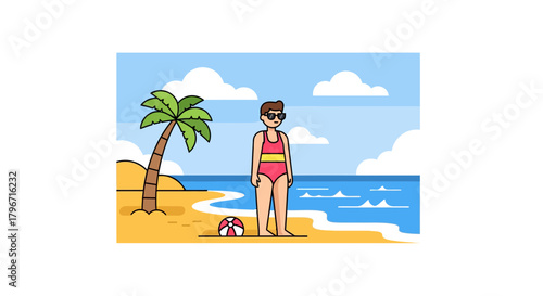 A person in a swimsuit standing on a sandy beach with a palm tree and the ocean in the background