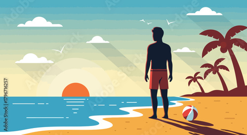 Man enjoying a sunset at the beach, with palm trees and a beach ball. Summer scene
