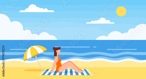 Flat illustration of a woman in an orange swimsuit relaxing on a beach towel under a yellow umbrella, with the ocean and a sunny sky in the background