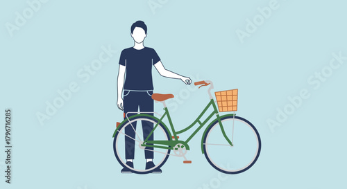 Man with bicycle on blue background for transportation or recreation