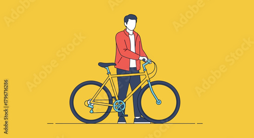 Smiling young man in casual attire standing beside his modern yellow bicycle, portraying a healthy and active urban lifestyle through a minimalist flat design illustration