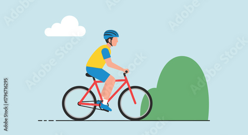 A person cycling on a bicycle with a helmet on a scenic outdoor path surrounded by greenery and a cloud in the sky