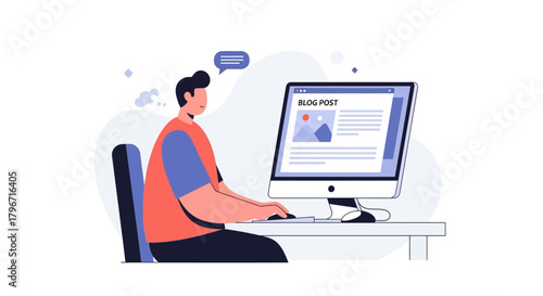 Man typing on a computer, writing a blog post on a website displayed on the screen