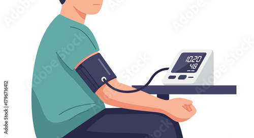 Illustration of a person checking their blood pressure with a digital monitor at home or in a clinic setting