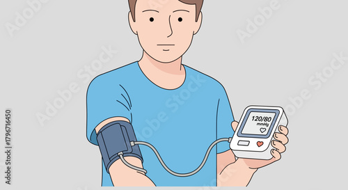 An illustrated representation of a man using a home blood pressure monitor to check his vital signs, emphasizing health monitoring and personal well-being