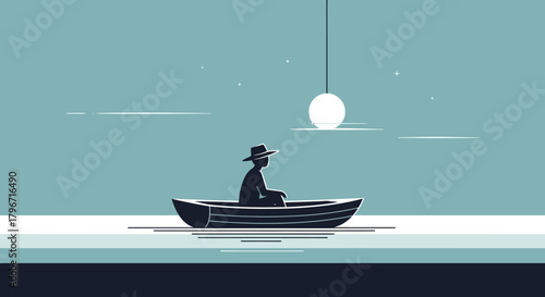 Serene Journey Silhouette of a Person in a Boat Under a Gentle Moonlit Sky