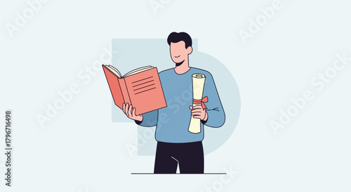 A man holding a scroll and reading an open book, representing education and achievement