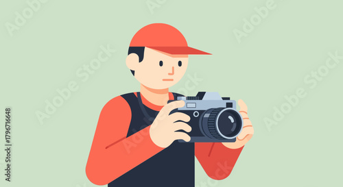 Young man in a red cap engaged in the art of photography, meticulously holding a classic analog camera, embodying a hobbyist's passion for capturing timeless moments or a professional at work